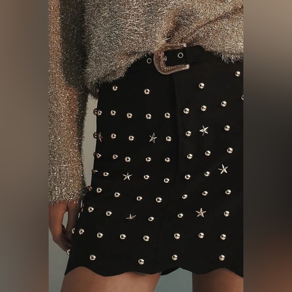 Anthropologie Black Mini Skirt with Gold Studs and stars Belt - Large NWT - Picture 1 of 12